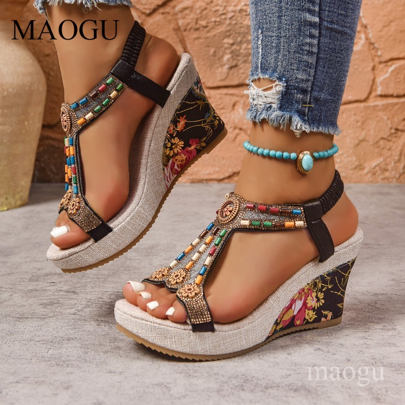 Boho Beaded Floral Wedge Sanda - Ethnic And Fashion 评论和价格