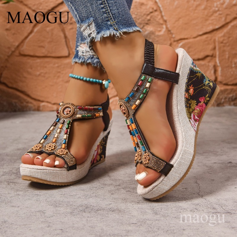 Boho Beaded Floral Wedge Sanda - Ethnic And Fashion 评论和价格
