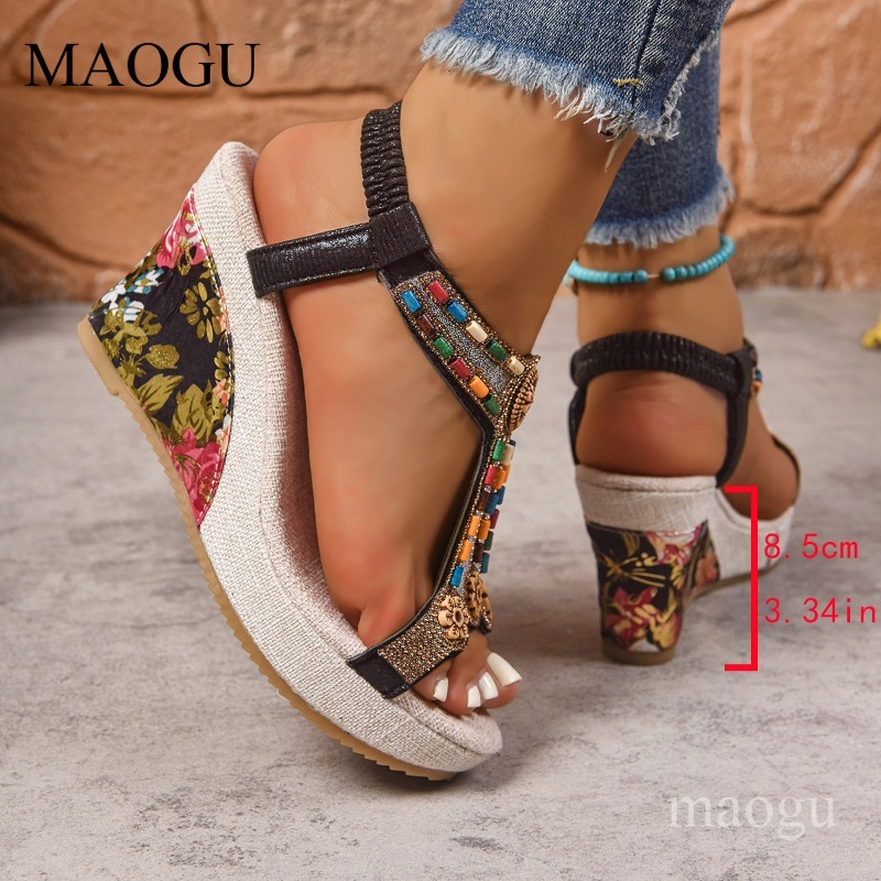 Boho Beaded Floral Wedge Sanda - Ethnic And Fashion 评论和价格
